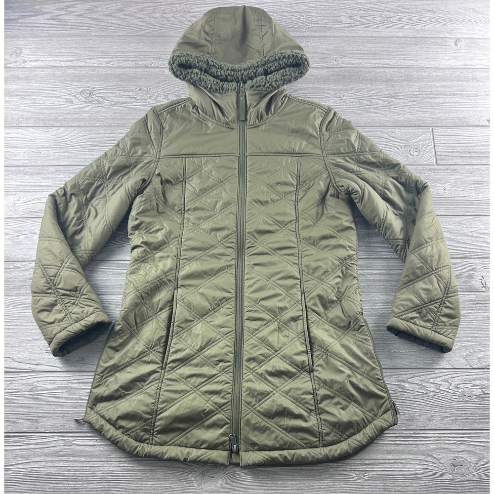 Prana Diva Long Jacket Olive Green Quilted Sherpa Lined Hooded Parka Medium